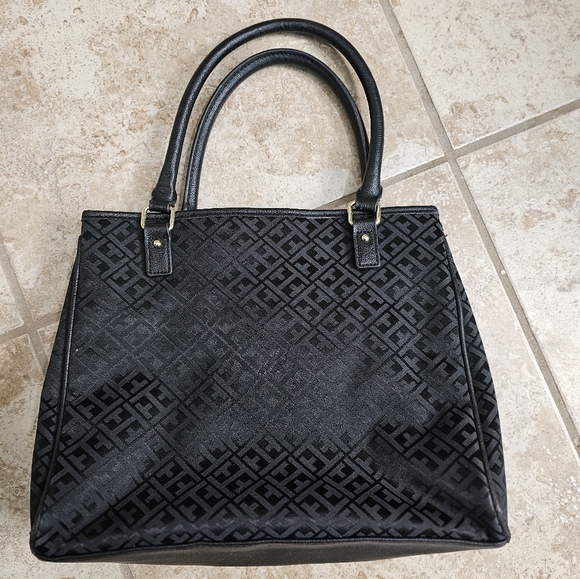 Tommy Hilfiger Black Monogram Satchel Bag Purse Classic Preppy Tote Handbag - Picture 3 of 8